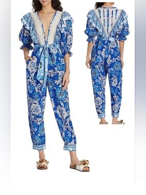 Farm Rio Blue Floral Lace-Trim Jumpsuit - NEW WITH TAGS